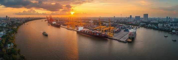 Aerial view of a ship dock with cargo containers and an industrial crane at sunset Generative AI