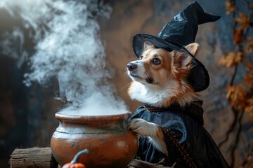 Whimsical corgi witch brews magical potion in mystical halloween scene