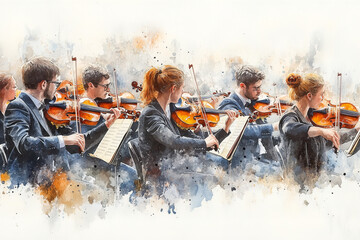 Watercolor painting of orchestra performing on stage.