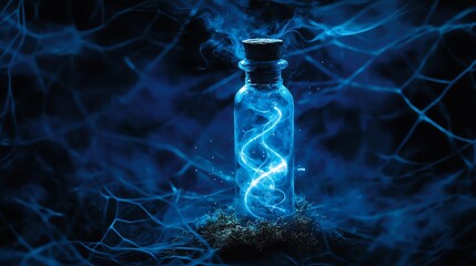 A mystical blue potion bottle emitting glowing energy in a dark, swirling environment, perfect for a fantasy theme.