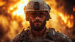 © Vertigo Images - A bearded soldier stares intently into the camera, a fiery backdrop behind him.