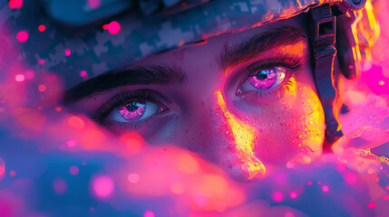 Close-up of a woman's eyes with neon lights