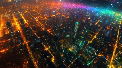 Aerial view of a city at night with street lights and buildings