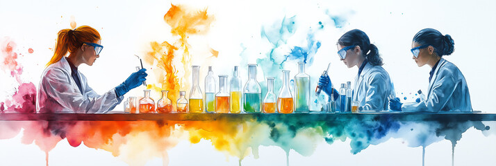 Watercolor painting of scientists testing chemicals in a laboratory.