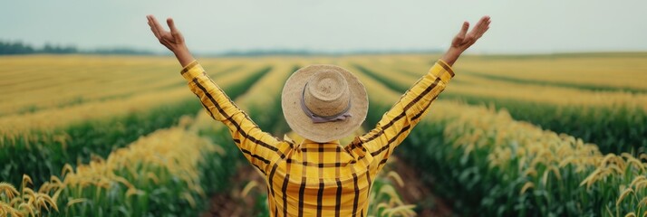 Back view of a farmer with raised arms in a cornfield, wearing a straw hat and yellow plaid shirt, celebrating a successful harvest season.