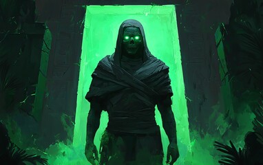 A mysterious figure with glowing eyes stands before a green portal, surrounded by dark shadows and ethereal mist.