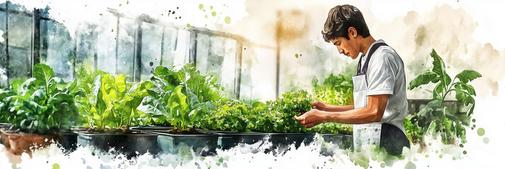 Wall Mural - Watercolor painting of a gardener taking care of hydroponic vegetables in a greenhouse.