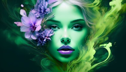 Aquatic green color skin mermaid lady with purple flowers