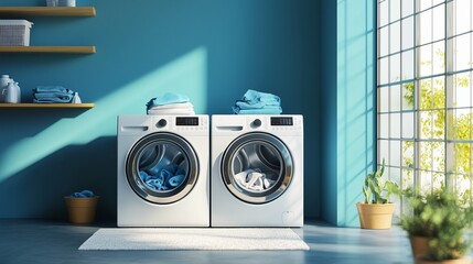 Wall Mural - Bright and modern laundry room with stylish washer and dryer set, colorful towels, and natural light