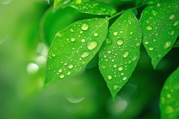 Wall Mural - A close-up view of vibrant green leaves covered with clear water droplets, symbolizing freshness and life.