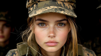 Sticker - Young woman in military uniform looks intensely at the camera.