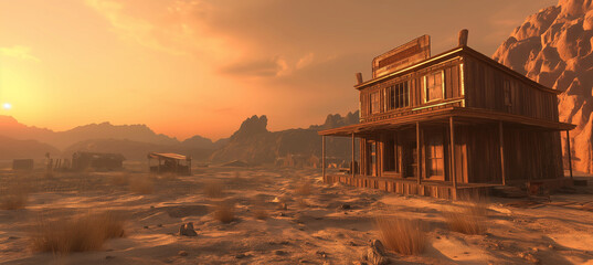 Wall Mural - The wild west saloon in a western desert town, game background, Illustration