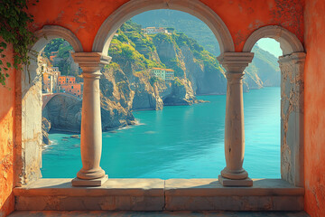 View from the stone arch windows of the ancient monastery overlooking the sea and cliffs.