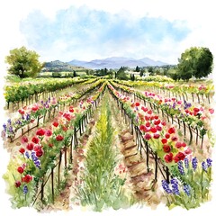 Wall Mural - Watercolor Painting of a Vineyard with Red Poppies.