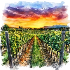 Poster - Watercolor Painting of Vineyard Rows at Sunset.