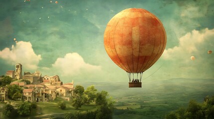 Poster - Hot Air Balloon Soaring Over a Picturesque Village.