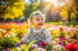 © onehourhappiness - Happy little baby girl sitting in the flowers field on a sunny day