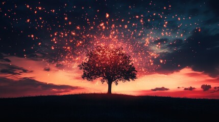 Silhouetted Tree with Sparkles at Sunset