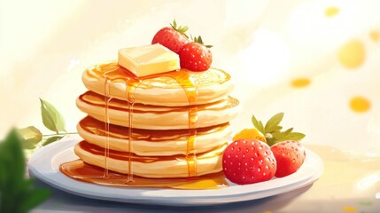 Delicious Pancakes with Syrup and Strawberries