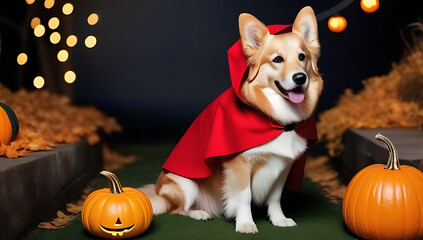 Wall Mural - halloween costume dog pets web banner cute golden retriever dog dressed little red riding hood sitting near pumpkins fanny halloween welsh corgi pembroke dog costume