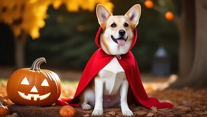 Wall Mural - halloween costume dog pets web banner cute labrador retriever dog dressed little red riding hood sitting near pumpkins fanny halloween welsh corgi pembroke dog costume