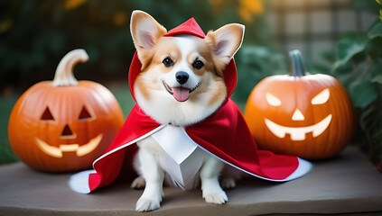 Wall Mural - halloween costume dog pets web banner cute maltese dog dressed little red riding hood sitting near pumpkins fanny halloween welsh corgi pembroke dog costume