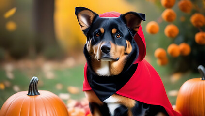 Wall Mural - halloween costume dog pets web banner cute rottweiler dog dressed little red riding hood sitting near pumpkins fanny halloween welsh corgi pembroke dog costume