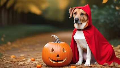 halloween costume dog pets web banner cute rhodesian ridgeback dog dressed little red riding hood sitting near pumpkins fanny halloween welsh corgi pembroke dog costume