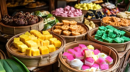 A colorful array of traditional Asian desserts arranged beautifully in bamboo baskets and wooden bowls.