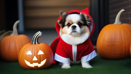 Wall Mural - halloween costume dog pets web banner cute shih tzu dog dressed little red riding hood sitting near pumpkins fanny halloween welsh corgi pembroke dog costume