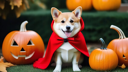 halloween costume dog pets web banner cute shiba inu dog dressed little red riding hood sitting near pumpkins fanny halloween welsh corgi pembroke dog costume