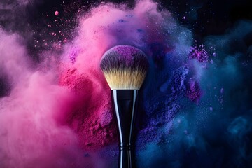 Two Soft cosmetic brushes release a cloud of colored smoke from bright eyeshadow and powder, cosmetics and beauty industry. Bright creative makeup, concept