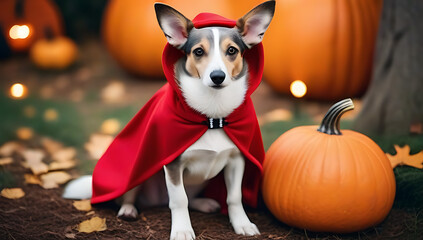 Wall Mural - halloween costume dog pets web banner cute whippet dog dressed little red riding hood sitting near pumpkins fanny halloween welsh corgi pembroke dog costume