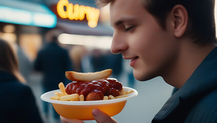 germany young tourist enjoys traditional currywurst french fries