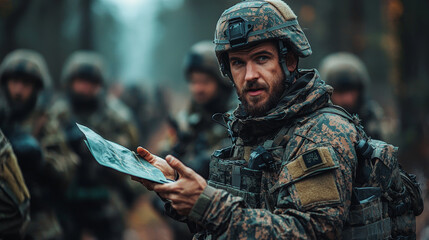 A soldier in camouflage gear studies a map.