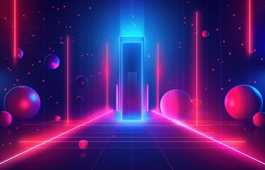 Wall Mural - a neon sign with a glowing blue light and red and purple balls. the balls are scattered throughout t