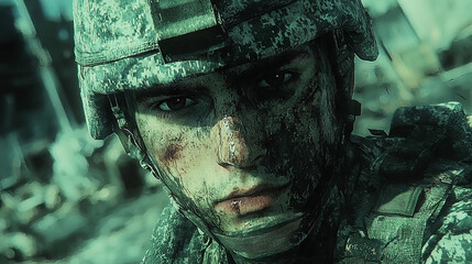 Sticker - Close-up portrait of a soldier, his face smeared with dirt and blood.