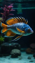 An exotic fish swimming gracefully in a darkened aquarium, captured in a close-up image that highlights its vibrant colors.