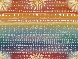 Wall Mural - Boho baby pattern featuring suns, rainbows, and dots in soft colors.