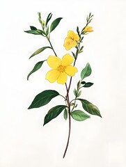 Wall Mural - Drawing of a yellow flower and wild herb composed on a twig with leaves and flowers. Botanical illustration composition made from watercolors.