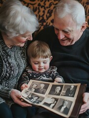 Wall Mural - Grandparents lovingly sharing their old family photographs with their grandchild preserving the legacy and cherished memories of their family history together in a cozy intimate moment 