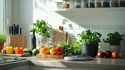 A clean, minimalist kitchen filled with fresh fruits, vegetables, and healthy cooking tools, 50 keywords