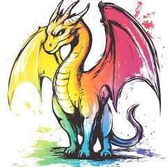 Wall Mural - Rainbow Dragon Illustration with Splattered Paint Background.