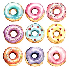 Wall Mural - Watercolor Donuts - Colorful and Delicious Glazed Donuts with Sprinkles and Toppings.