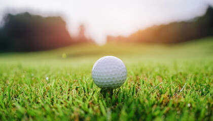 White golf ball on grass, green field with sunlight. Golf club, professional competition and sport