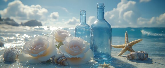 White roses, glass bottles, seashells and a starfish on a sandy beach with waves in the background.