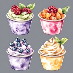 Canvas Print - Watercolor Illustration of Four Cups of Ice Cream with Berries and Fruit