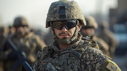 A soldier in camouflage stands with his fellow soldiers.