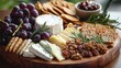 © Warin - A gourmet cheese board filled with artisan cheeses, crackers, grapes, and nuts, 50 keywords