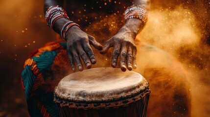 Hands rhythmically pound on a traditional African drum, creating a deep connection to cultural heritage and lively music, enveloped in a cloud of dust